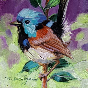 Small oil painting original Fairy-wren Bird painting 4x4, Blue bird picture frame artwork, Small frame art bird gift idea