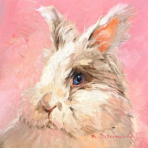 Bunny painting original oil framed 4x4, Small framed art white rabbit artwork pink background - Enjoi the little things