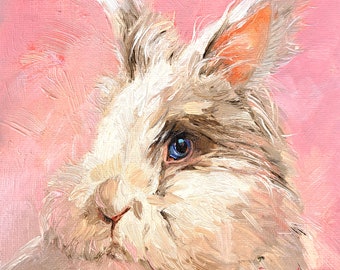 Bunny painting original oil framed 4x4, Small framed art white rabbit artwork pink background - Enjoi the little things