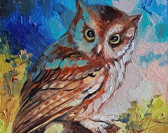 Owl artwork bird painting original 4x4 small art framed, Bird owl wall art Best friend gift for women