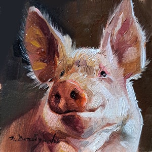 Pig artwork oil painting original small art framed 4x4, Custom pet portrait, Nursery wall art piggy lover gift