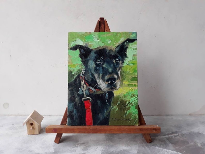 Custom pet portrait, Black dog in green custom painting, Dog portrait to order, Customized art dog, Dog lovers memorial gift for owners image 3