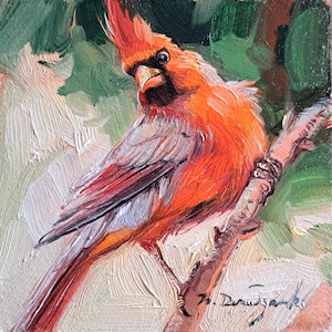 Oiseau rouge petit cadre de peinture 4 x 4 Cardinal peinture à l’huile originale, oiseau petit cadre art décoration murale miniature cadeau d’anniversaire photo