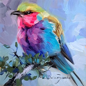 Dipinto di uccelli originale 4x4 piccola arte incorniciata, mini arte da parete con uccelli colorati, regalo per il migliore amico