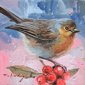 Robin bird painting original animal oil small wall art framed, bird small oil painting original oil artwork 4x4