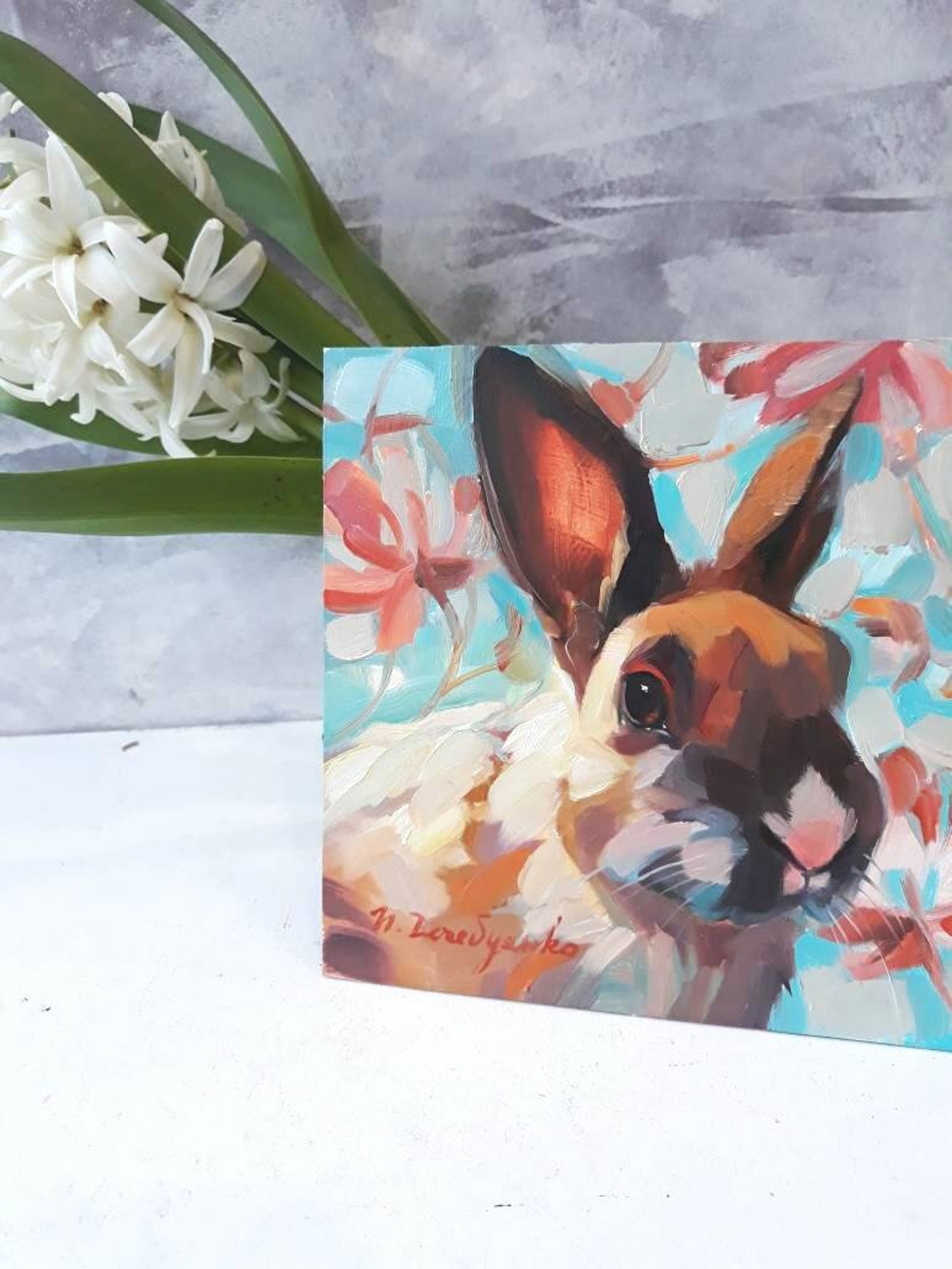 Floral Rabbit Bunny Painting Art Rabbit Oil Painted Portrait Custom ...