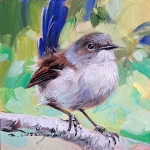 Small oil painting original Fairy-wren Bird painting 4x4, Blue bird picture frame artwork, Small frame art bird gift idea