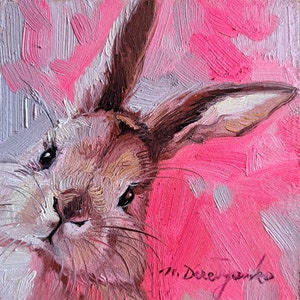 Bunny painting original oil framed 4x4, Small framed art white rabbit artwork pink background - Enjoi the little things