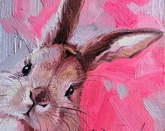 Bunny painting original oil framed 4x4, Small framed art white rabbit artwork pink background - Enjoi the little things