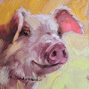 Pig oil painting original small art framed 4x4, Custom pet portrait, Pig art miniature portrait wall art piggy Boyfriend just because gift