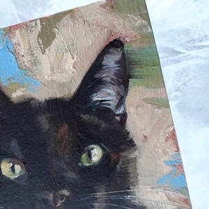 Curiose custom Black cat portrait, Cat original painting canvas oil, Lucky black cat wall art Miniature pet painting 8x6, Personalized cat image 3
