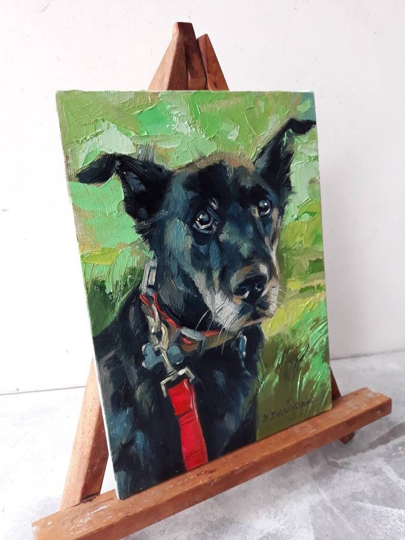 Custom pet portrait, Black dog in green custom painting, Dog portrait to order, Customized art dog, Dog lovers memorial gift for owners image 4