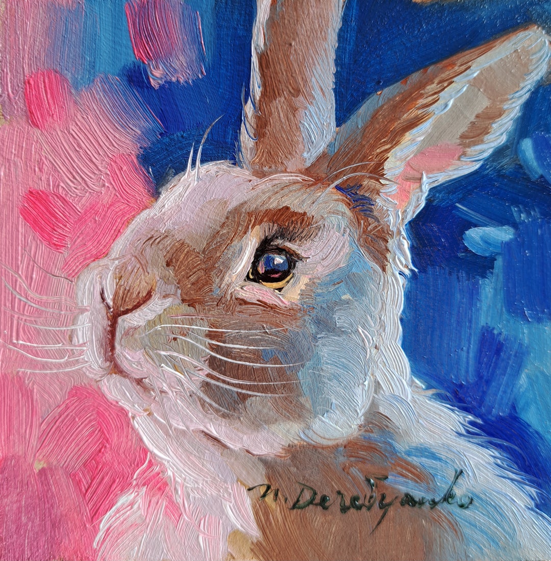 Bunny Painting Original Oil Framed 4x4, Small Framed Art White Rabbit Artwork Pink Background