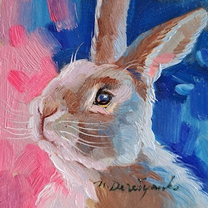 Bunny painting original oil framed 4x4, Small framed art white rabbit artwork pink background - Thank you for being so incredible