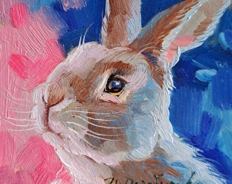 Bunny painting original oil framed 4x4, Small framed art white rabbit artwork pink background - Thank you for being so incredible