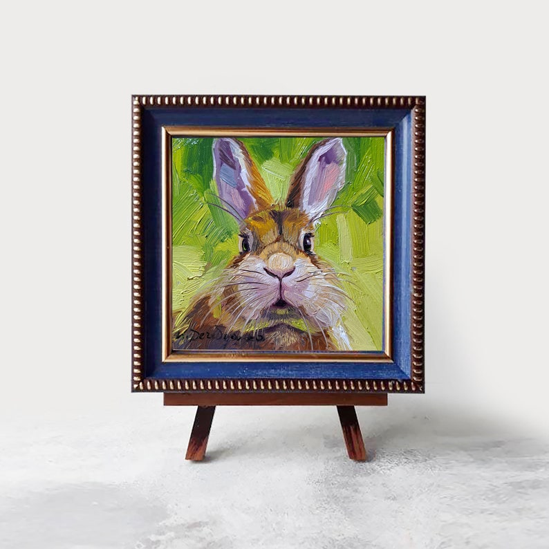 Lapin mignon peignant à l'huile originale 4 x 4, petite oeuvre d'art encadrée de lapin, cadeau d'art d'illustration de lapin pour un ami image 6