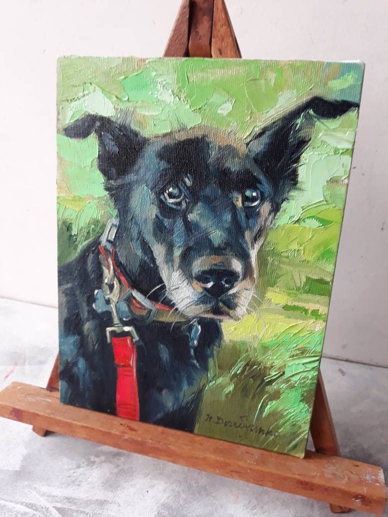 Custom pet portrait, Black dog in green custom painting, Dog portrait to order, Customized art dog, Dog lovers memorial gift for owners image 10