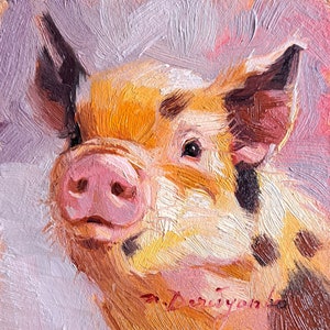 Pig artwork oil painting original small art framed 4x4, Custom pet portrait, Nursery wall art piggy lover gift