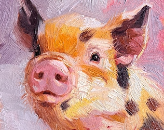 Pig artwork oil painting original small art framed 4x4, Custom pet portrait, Nursery wall art piggy lover gift