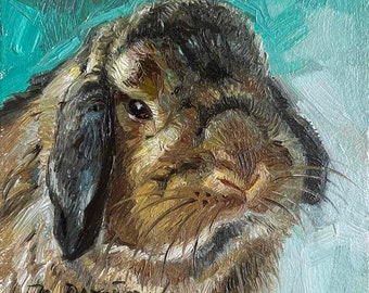 Portrait d'animal de compagnie personnalisé lapin peinture à l'huile originale encadrée 4x4, petit art encadré lapin beige oeuvre, lapin illustration art cadeau pour un ami