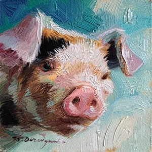 Pig oil painting original small art framed 4x4, Custom pet portrait, Nursery wall art piggy lover gift - How are you?