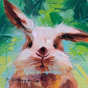 Cute rabbit painting original oil framed 4x4, Small framed art rabbit artwork, Bunny illustration art gift for friend