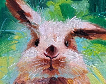 Cute rabbit painting original oil framed 4x4, Small framed art rabbit artwork, Bunny illustration art gift for friend