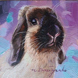 Bunny painting original oil 4x4 framed painting, Small framed art purple rabbit artwork, Baby boy gift Birthday