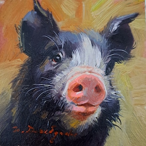 Pig artwork oil painting original small art framed 4x4, Custom pet portrait, Nursery wall art piggy lover gift