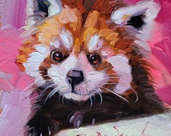 Panda rouge peinture à l’huile originale 4 x 4 pouces cadre, petite peinture à l’huile encadrée oeuvre, mignon animal peinture à l’huile mini cadeau pour un ami