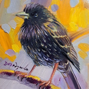 Bird painting original Starling bird art small framed, Miniature animal oil painting 4x4 art gift for mom