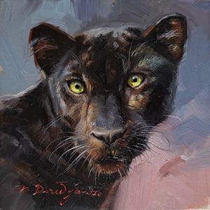 Black panter painting original oil framed 4x4, Small framed art animal black artwork, Custom portrait from photo gift for friend