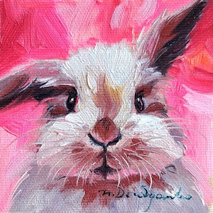 Cute rabbit painting original oil framed 4x4, Small framed artwork rabbit wall art, Bunny illustration art gift for friend