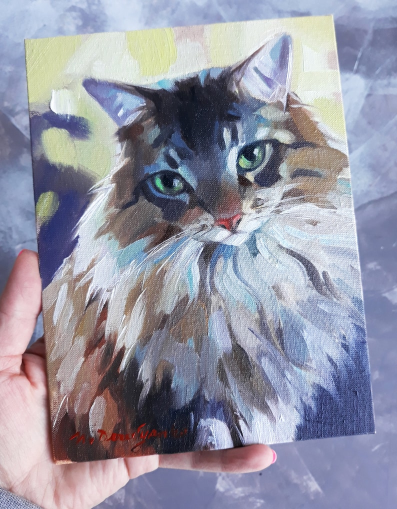 Custom oil painted cat portrait fluffy cat painting original | Etsy