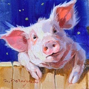 Pink pig artwork oil painting original small art framed 4x4, Custom pet portrait, Nursery wall art piggy lover gift