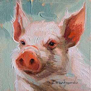 Pig artwork oil painting original small art framed 4x4, Custom pet portrait, Nursery wall art piggy lover gift