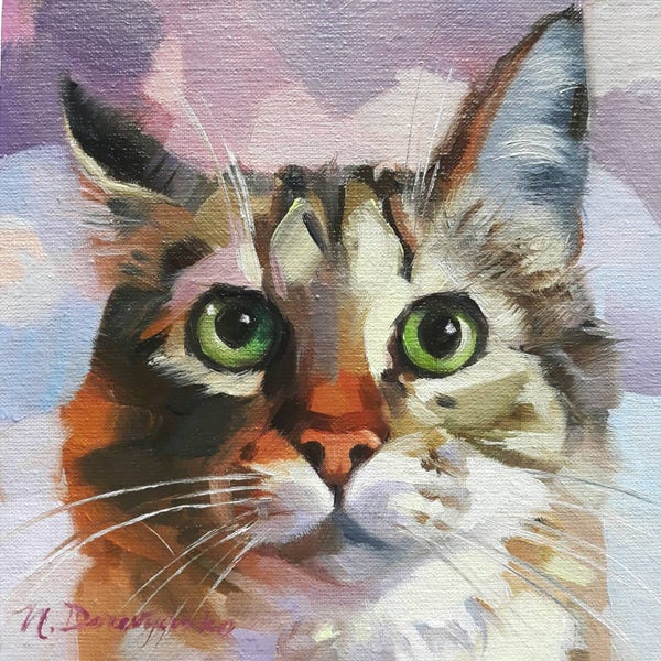 Cute cat painting portrait original on canvas oil Custom pet portrait cat art illustration Birthday lover gift lady Home decor Wall art