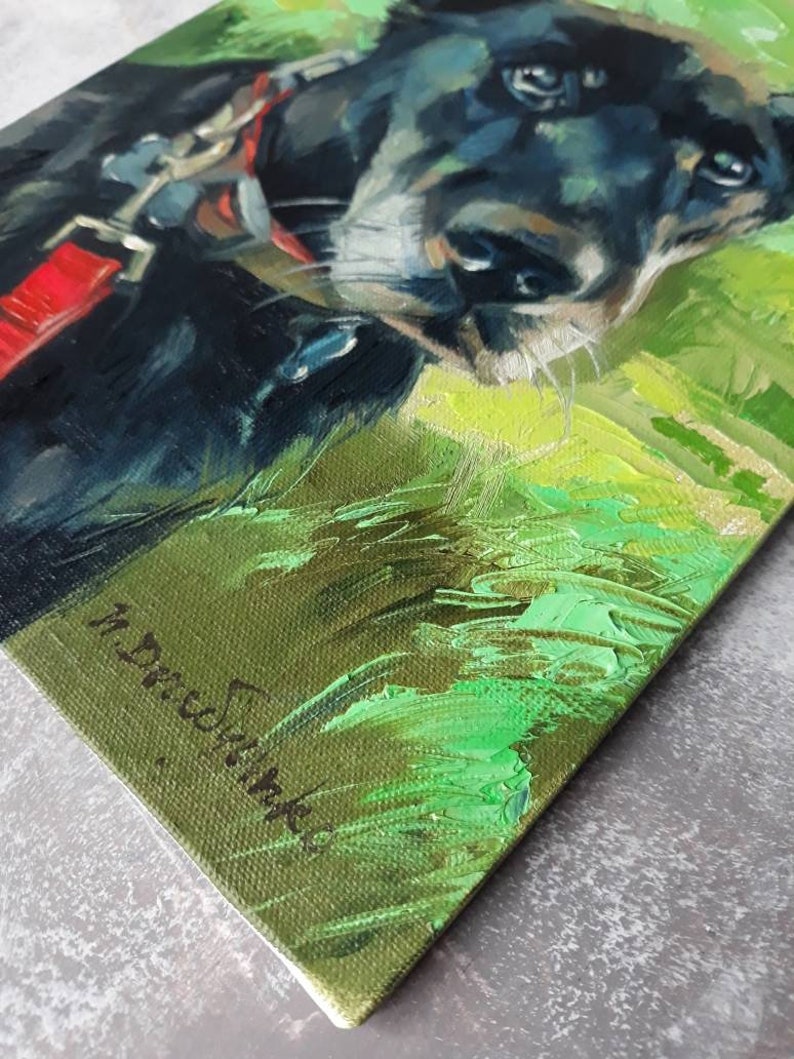 Custom pet portrait, Black dog in green custom painting, Dog portrait to order, Customized art dog, Dog lovers memorial gift for owners image 6