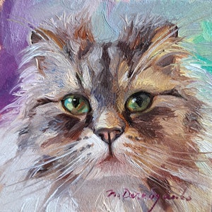 Custom pet portrait cat painting original oil framed 4x4, Small framed art cat beige artwork, Cat portrait from photo gift for owner