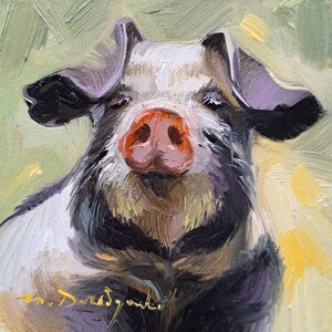 Pig artwork oil painting original small art framed 4x4, Custom pet portrait, Nursery wall art piggy lover gift