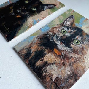 Curiose custom Black cat portrait, Cat original painting canvas oil, Lucky black cat wall art Miniature pet painting 8x6, Personalized cat image 6