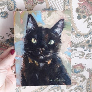 Curiose custom Black cat portrait, Cat original painting canvas oil, Lucky black cat wall art Miniature pet painting 8x6, Personalized cat image 4