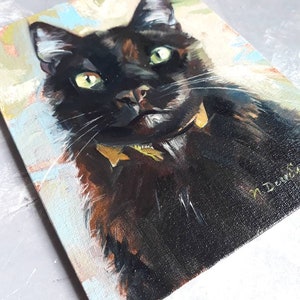 Curiose custom Black cat portrait, Cat original painting canvas oil, Lucky black cat wall art Miniature pet painting 8x6, Personalized cat image 8