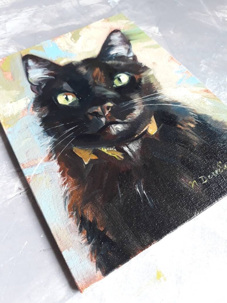 Curiose custom Black cat portrait, Cat original painting canvas oil, Lucky black cat wall art Miniature pet painting 8x6, Personalized cat image 8