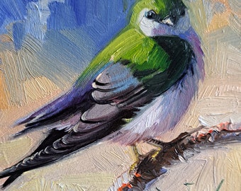 Pájaro pintura original pequeño aceite pequeño arte enmarcado, golondrina verde pintura al óleo obra de arte 4x4 regalo de cumpleaños