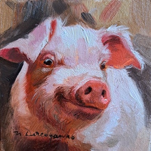 Pink pig artwork oil painting original small art framed 4x4, Custom pet portrait, Nursery wall art piggy lover gift