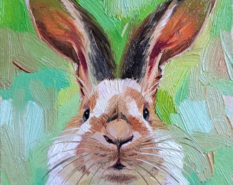 Peinture de lapin mignon huile originale encadrée 4x4, Petite œuvre d’art encadrée de lapin, Cadeau d’art d’illustration de lapin pour un ami