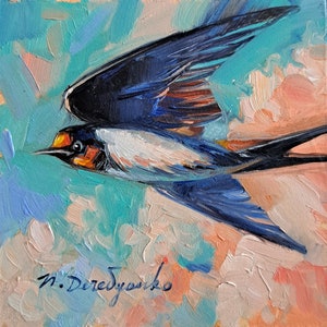 Swallow bird painting original small oil small art framed, Bird oil painting artwork 4x4 Birthday gift