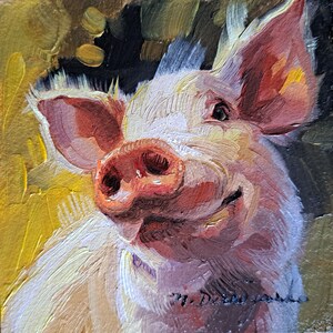 Pink pig artwork oil painting original small art framed 4x4, Custom pet portrait, Nursery wall art piggy lover gift