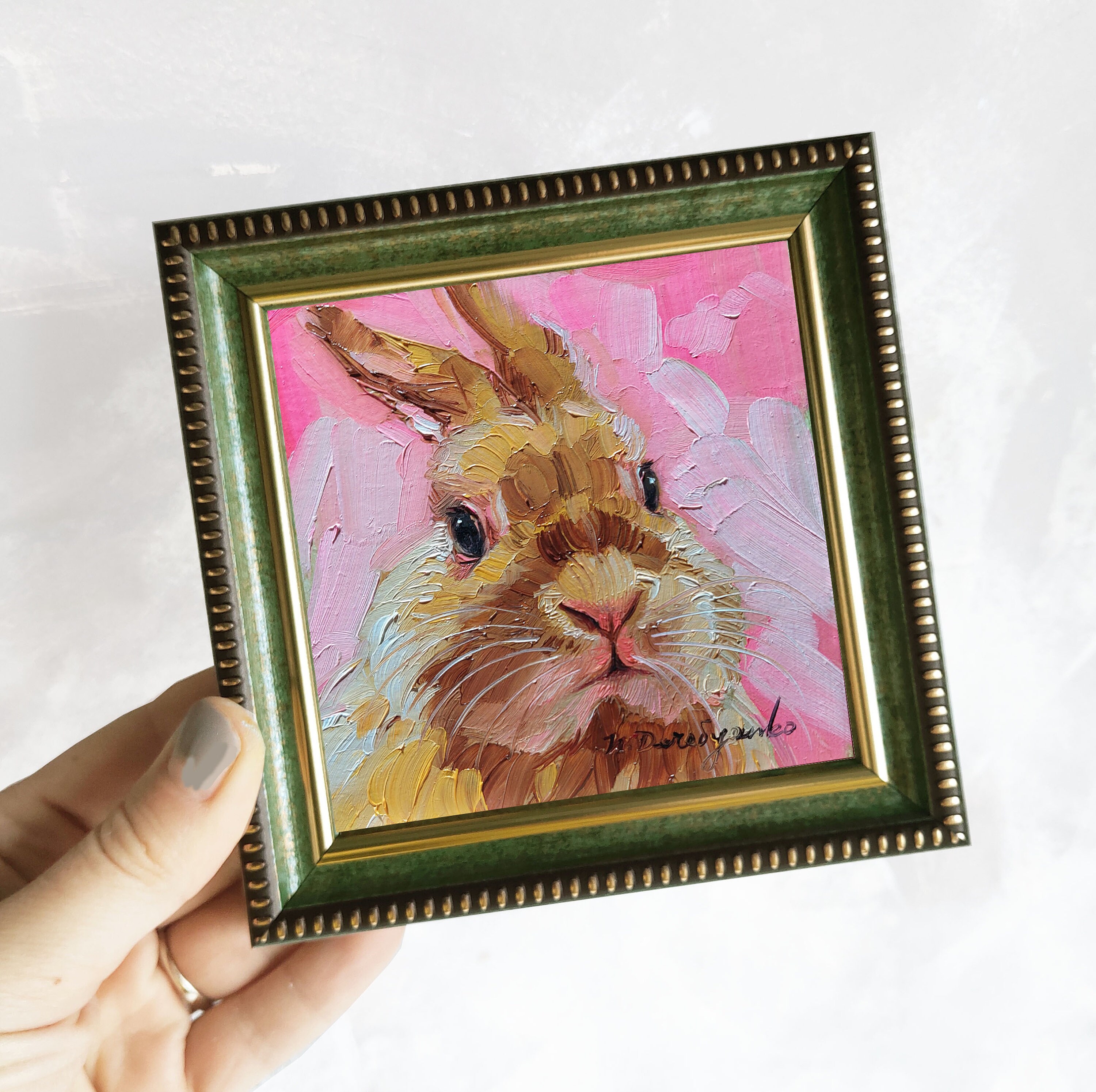 Cute Rabbit Painting Original Oil Framed 4x4, Small Framed Art Rabbit ...